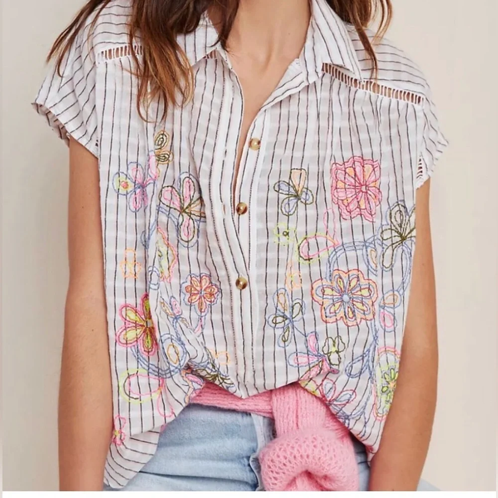 Anthropologie Pilcro Serena Surf Henley Blouse Floral Embroidered Sz S Oversized - Picture 3 of 11